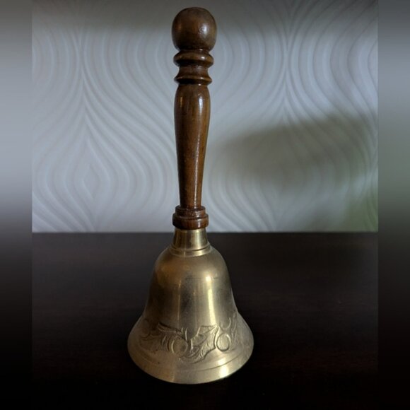 Vintage Etched Brass Hand Bell with Wooden Handle - Picture 4 of 4